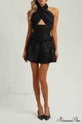 Black Halter Corset Trendy Sequin Tweed Mini Dress