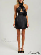 Black Halter Satin Trendy Cutout Flower Dress