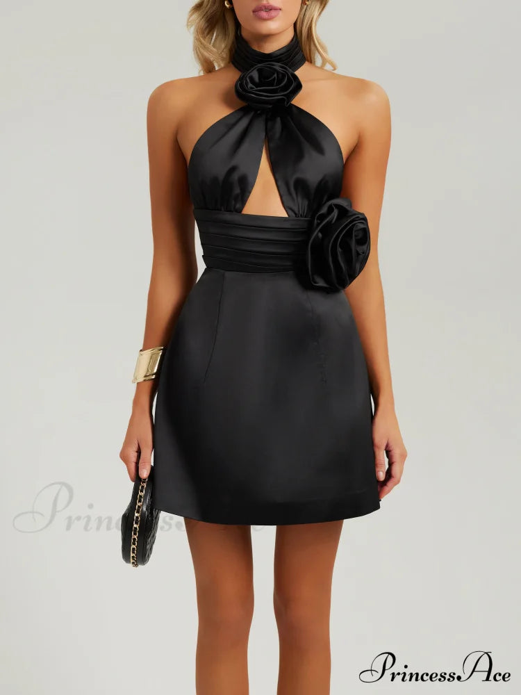 Black Halter Satin Trendy Cutout Flower Dress