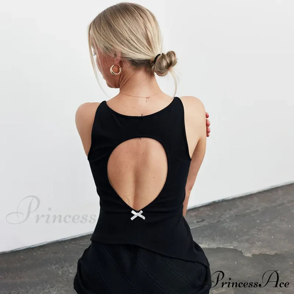 Black Hollow Out Charming Bow Tank Top