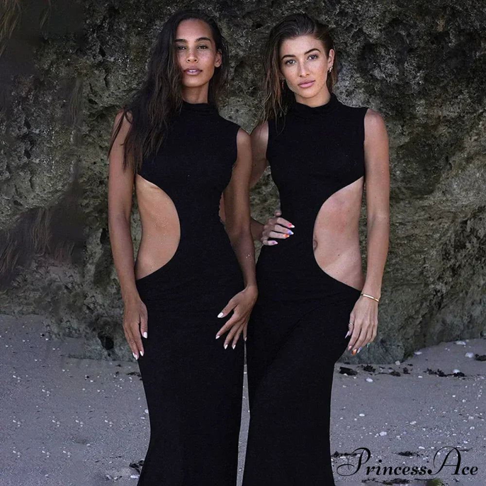 Black Hollow Out Long Women Sleeveless Bodycon Sexy Maxi Evening Slim Fashion Clubwear Cut Out Dress