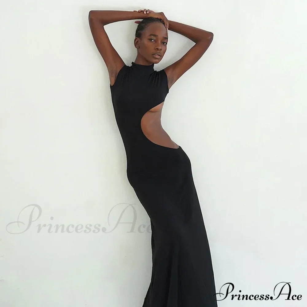 Black Hollow Out Long Women Sleeveless Bodycon Sexy Maxi Evening Slim Fashion Clubwear Cut Out Dress