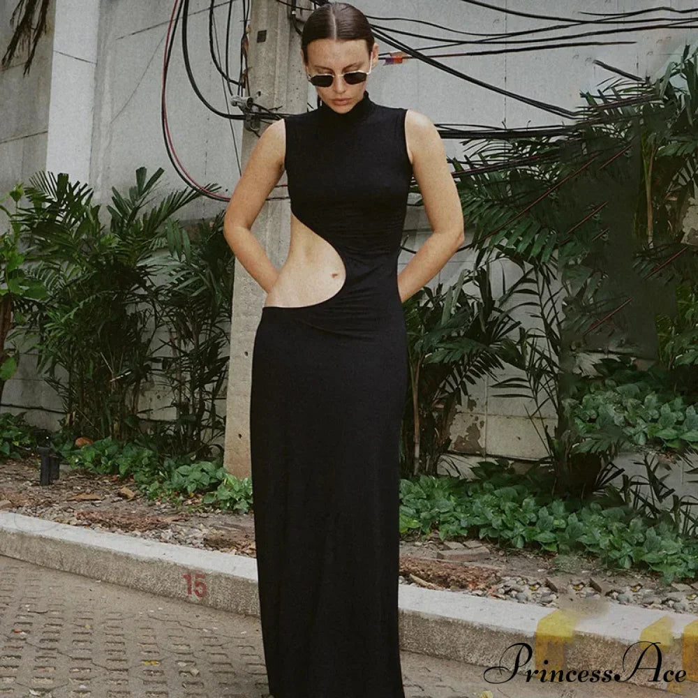 Black Hollow Out Long Women Sleeveless Bodycon Sexy Maxi Evening Slim Fashion Clubwear Cut Out Dress