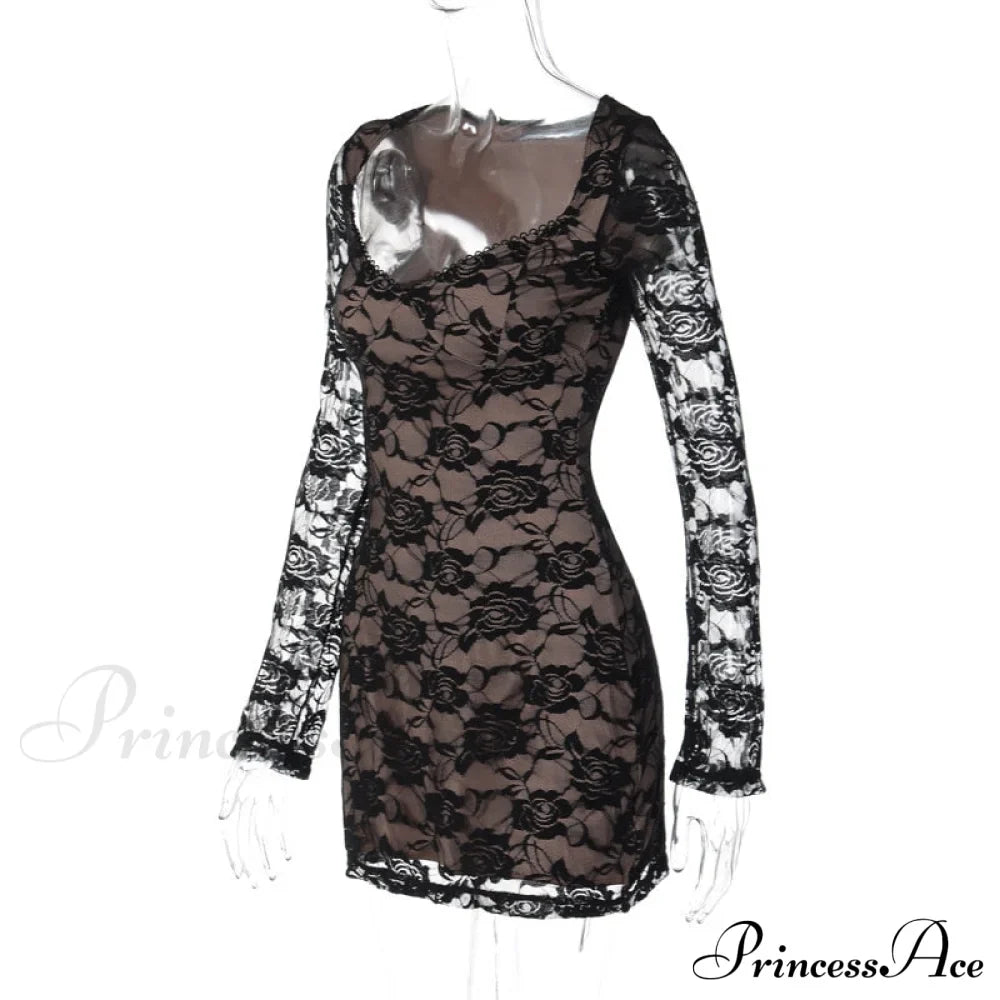 Black Lace Layered Charming Long Sleeve Mini Dress