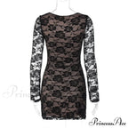 Black Lace Layered Charming Long Sleeve Mini Dress