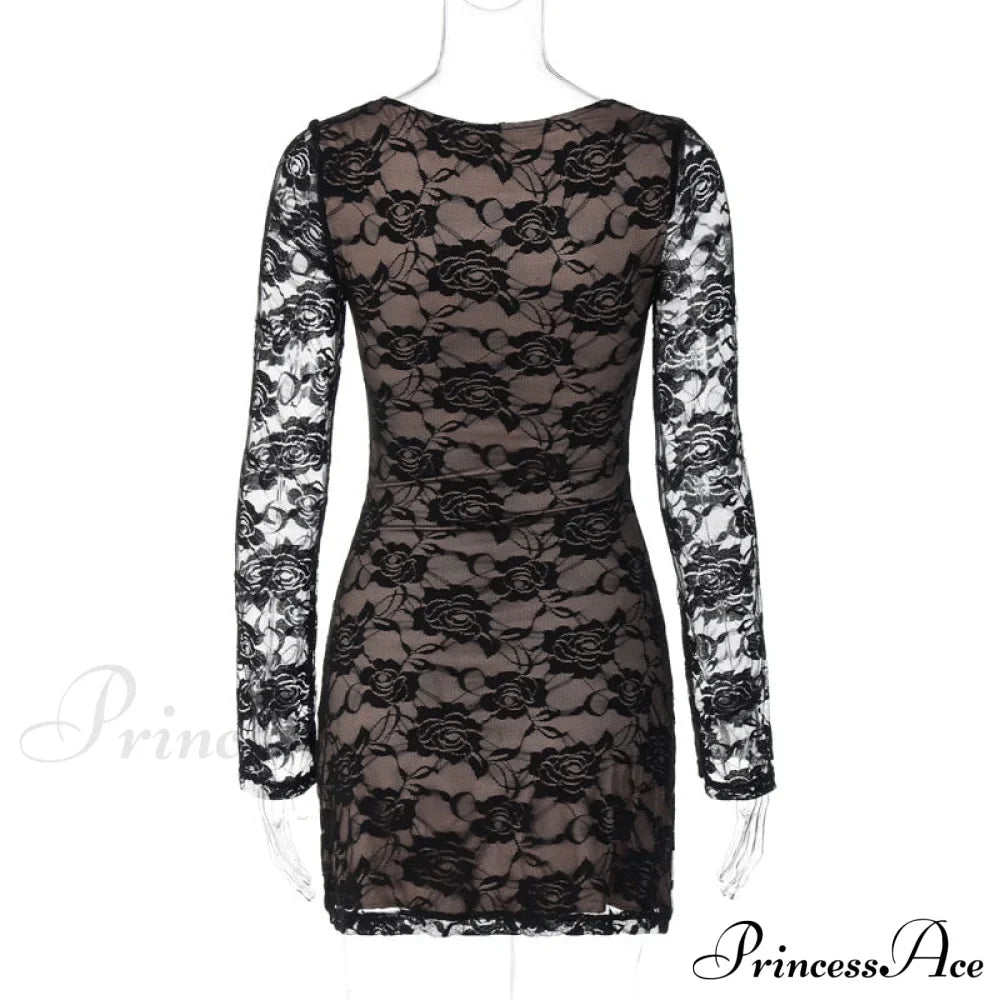 Black Lace Layered Charming Long Sleeve Mini Dress