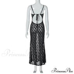 Black Lace Mesh Charming Strap Midi Dress
