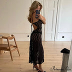 Black Lace Mesh Charming Strap Midi Dress