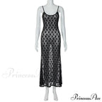 Black Lace Mesh Charming Strap Midi Dress