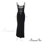 Black Lace Patchwork Charming Maxi Slit Dress