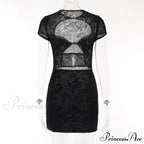 Black Lace Sheer Front Cut Trendy Out Design Short Sleeve Mini Dress