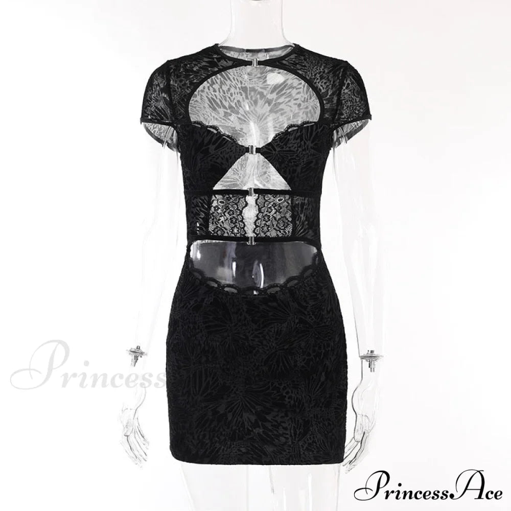 Black Lace Sheer Front Cut Trendy Out Design Short Sleeve Mini Dress