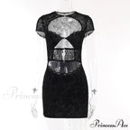 Black Lace Sheer Front Cut Trendy Out Design Short Sleeve Mini Dress