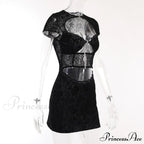 Black Lace Sheer Front Cut Trendy Out Design Short Sleeve Mini Dress