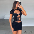 Black Lace Sheer Front Cut Trendy Out Design Short Sleeve Mini Dress