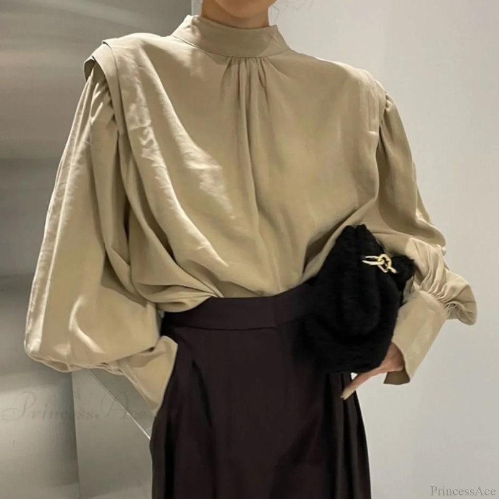 Black Lantern Sleeve Button-Up Blouse