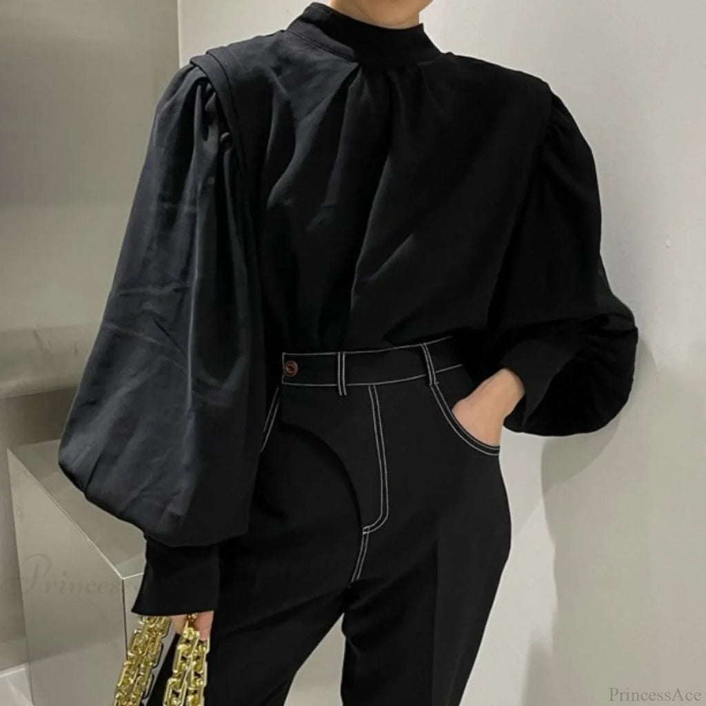 Black Lantern Sleeve Button-Up Blouse