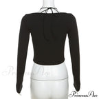 Black Long Sleeve Charming Lace Trim Halter Top