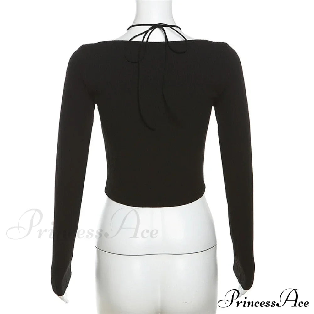 Black Long Sleeve Charming Lace Trim Halter Top