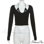 Black Long Sleeve Charming Lace Trim Halter Top