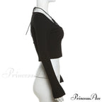 Black Long Sleeve Charming Lace Trim Halter Top