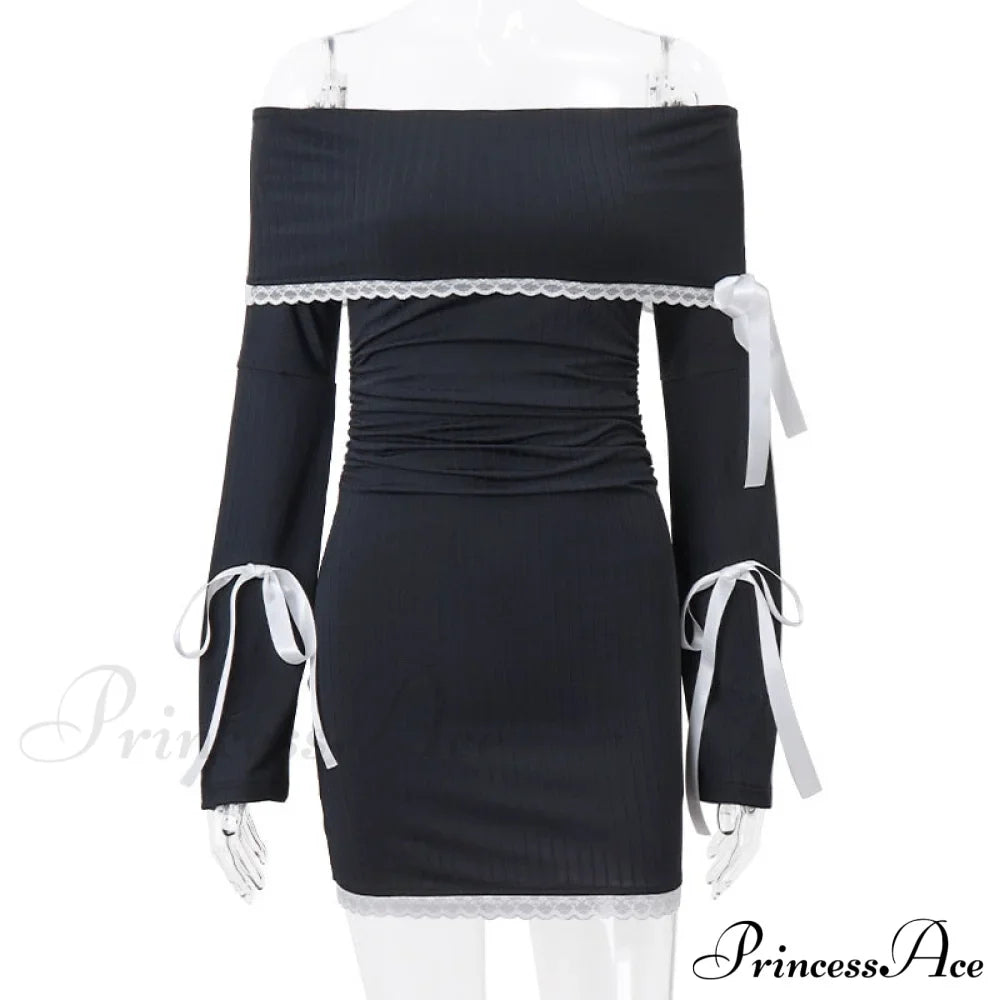 Black Long Sleeve Charming Off-shoulder Bow Mini Dress