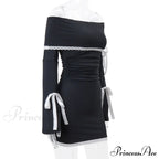 Black Long Sleeve Charming Off-shoulder Bow Mini Dress