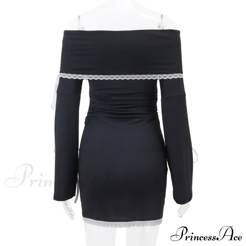 Black Long Sleeve Charming Off-shoulder Bow Mini Dress