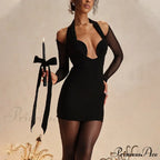 Black Long Sleeve Deep Graceful Neck Bodycon Mini Dress