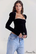 Black Long Sleeve Square Graceful Neck Corset Tie Up Top
