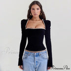 Black Long Sleeve Square Graceful Neck Corset Tie Up Top