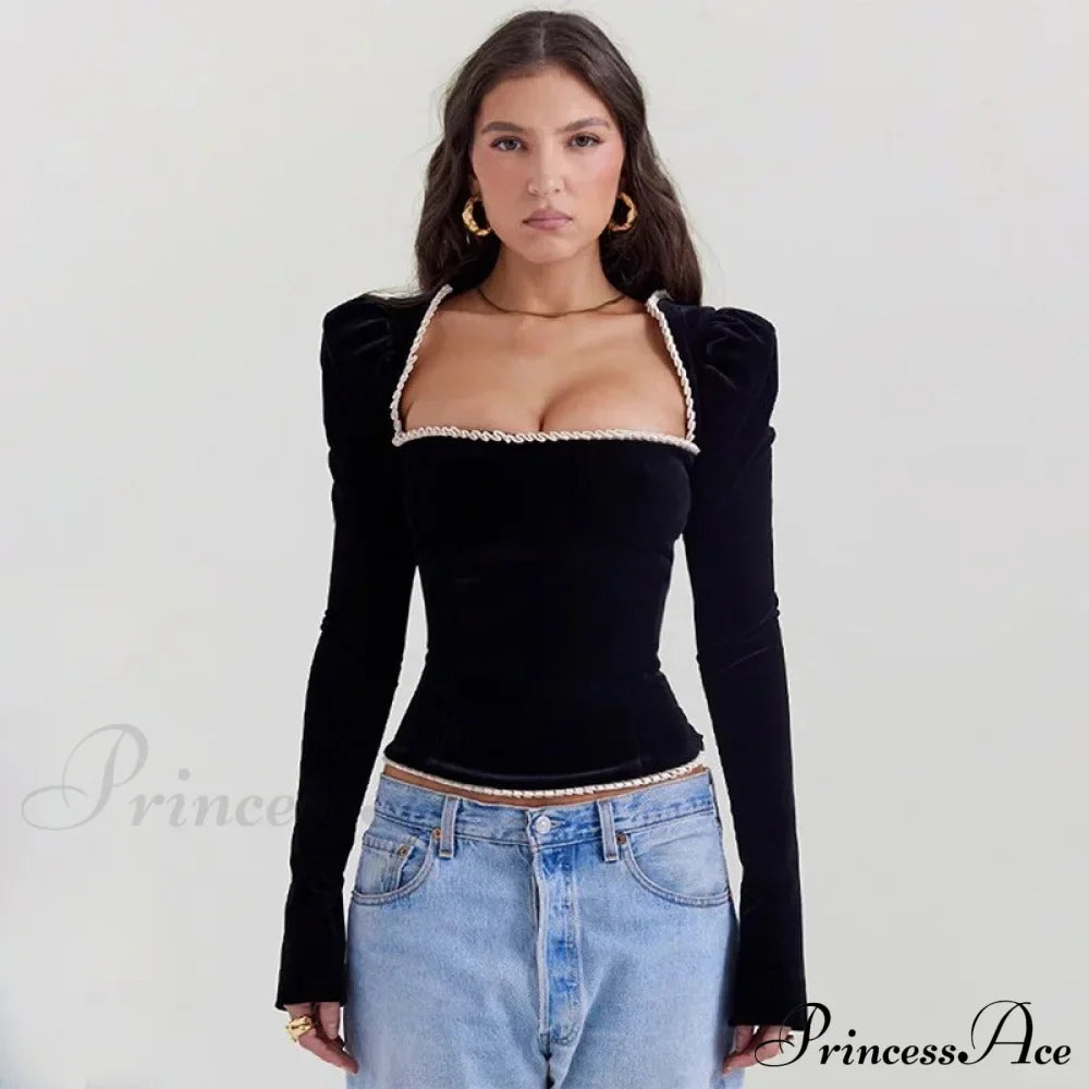 Black Long Sleeve Square Graceful Neck Corset Tie Up Top