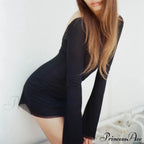 Black Mesh Long Charming Sleeve Backless Mini Dress