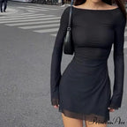 Black Mesh Long Charming Sleeve Backless Mini Dress