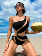 Black Mesh One Shoulder High Cut Monokini One Piece