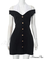 Black Off-Shoulder Contrast Charming Halter Buttoned Mini Dress