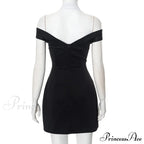 Black Off-Shoulder Contrast Charming Halter Buttoned Mini Dress