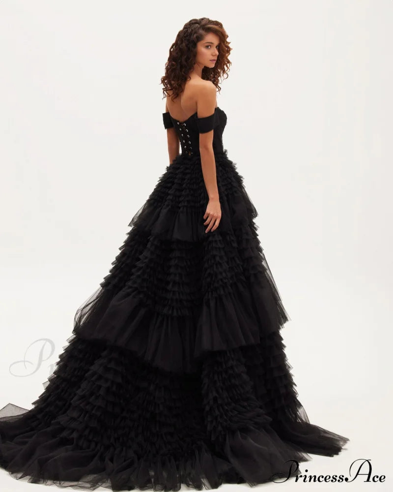 Black Off-The-Shoulder Stylish Frill-Layered Gown