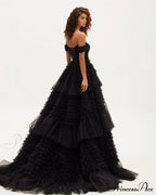 Black Off-The-Shoulder Stylish Frill-Layered Gown
