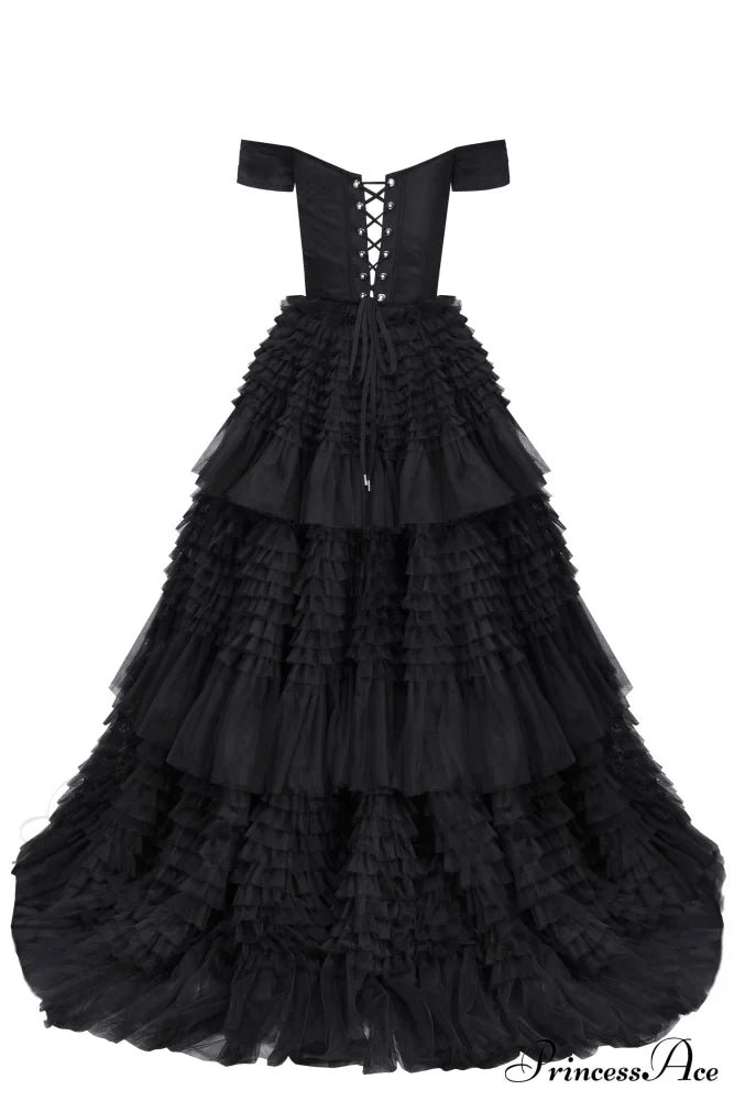 Black Off-The-Shoulder Stylish Frill-Layered Gown