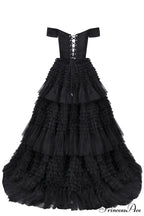 Black Off-The-Shoulder Stylish Frill-Layered Gown