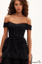 Black Off-The-Shoulder Stylish Frill-Layered Gown