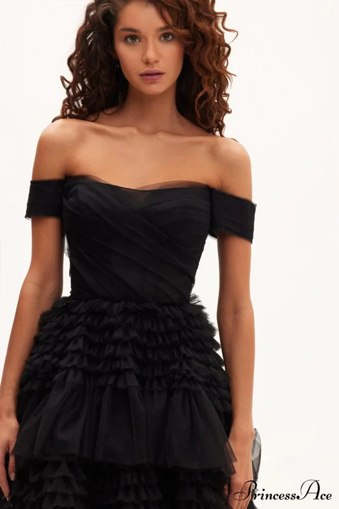 Black Off-The-Shoulder Stylish Frill-Layered Gown