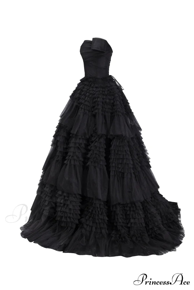 Black Off-The-Shoulder Stylish Frill-Layered Gown