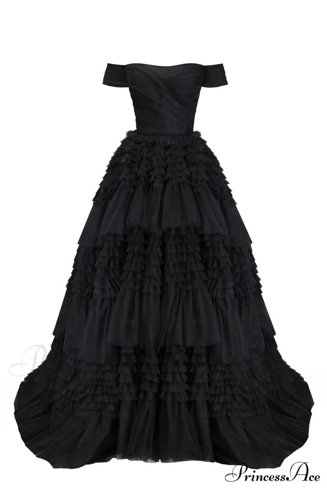 Black Off-The-Shoulder Stylish Frill-Layered Gown