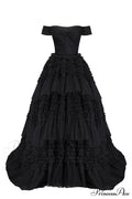 Black Off-The-Shoulder Stylish Frill-Layered Gown