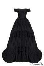 Black Off-The-Shoulder Stylish Frill-Layered Gown