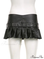 Black Pleated Belted Charming Slit Micro Mini Skirt