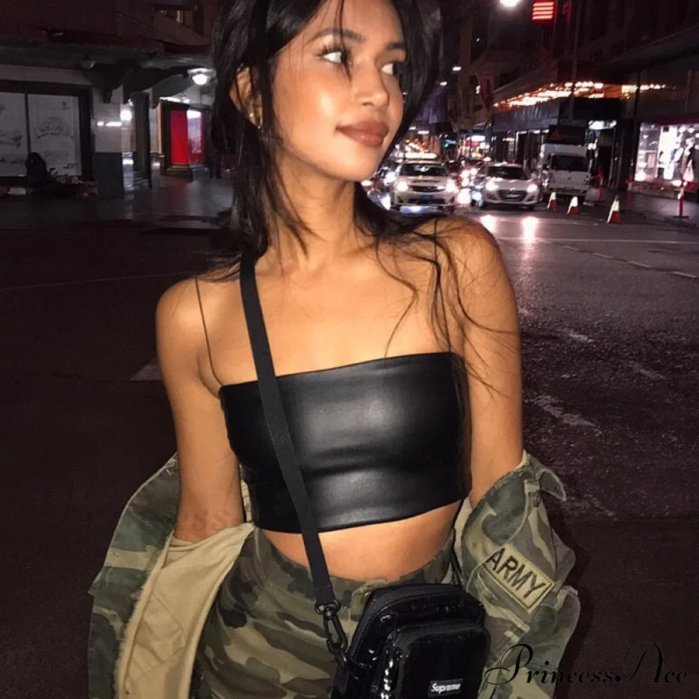 Black Pu Leather Charming Cami Crop Top