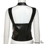 Black Pu Leather Charming Moto Zipper Tank Top